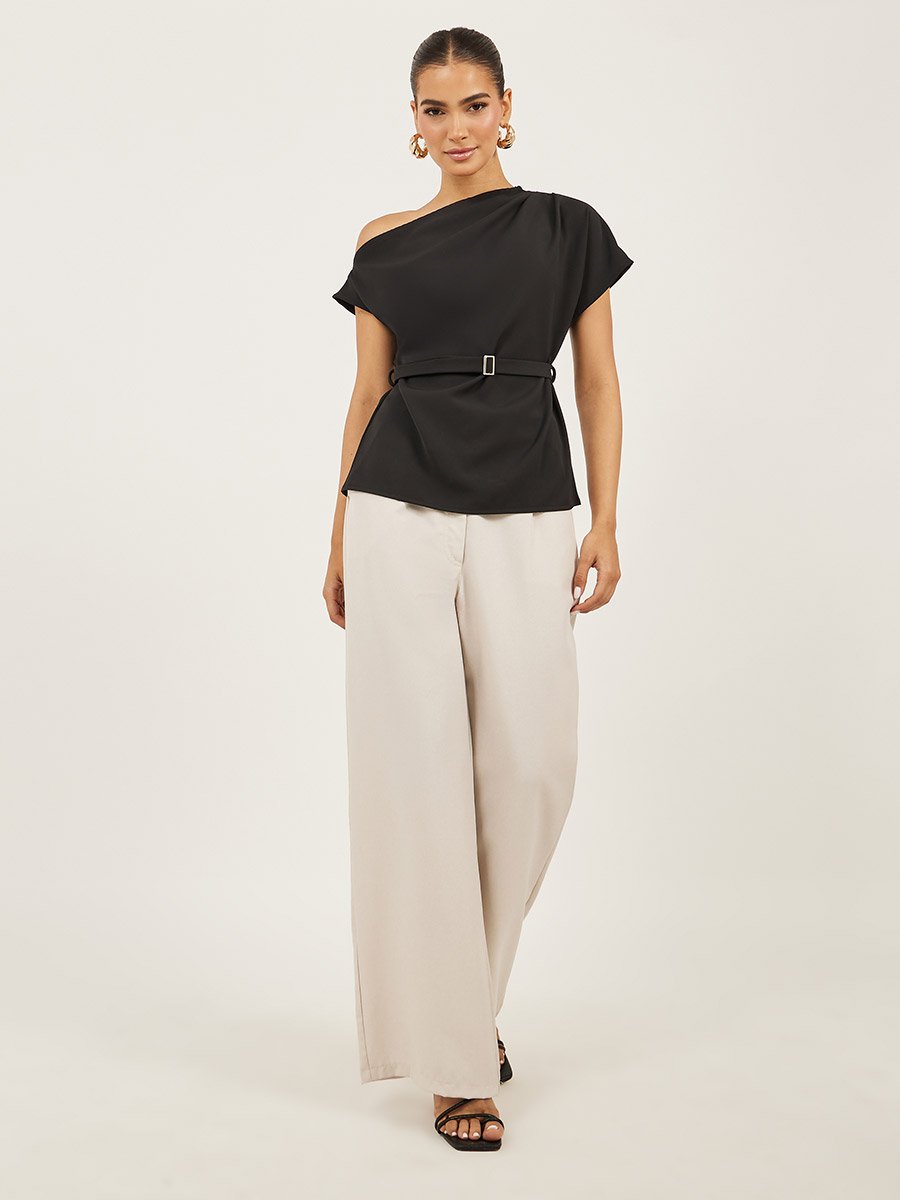 Asymmetric Neck Short Sleeves Belted Top