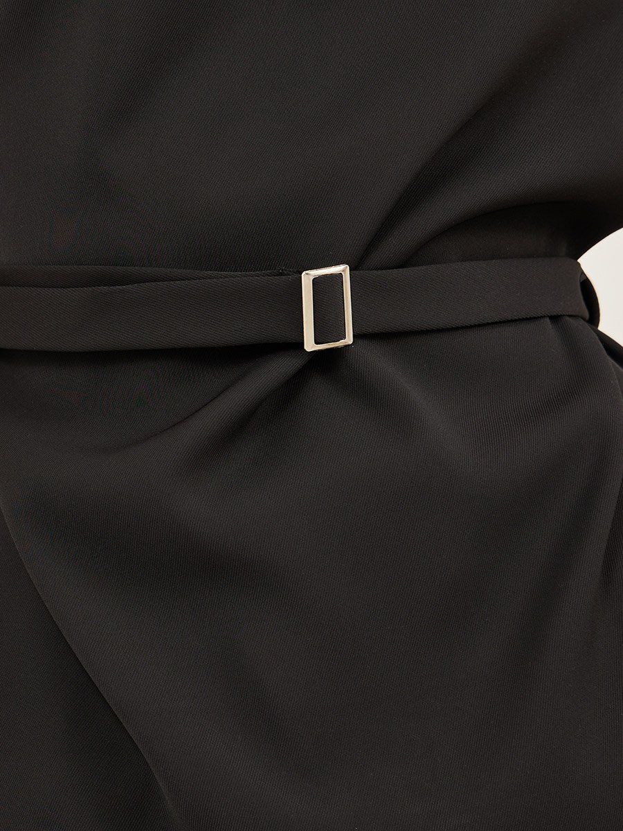Asymmetric Neck Short Sleeves Belted Top