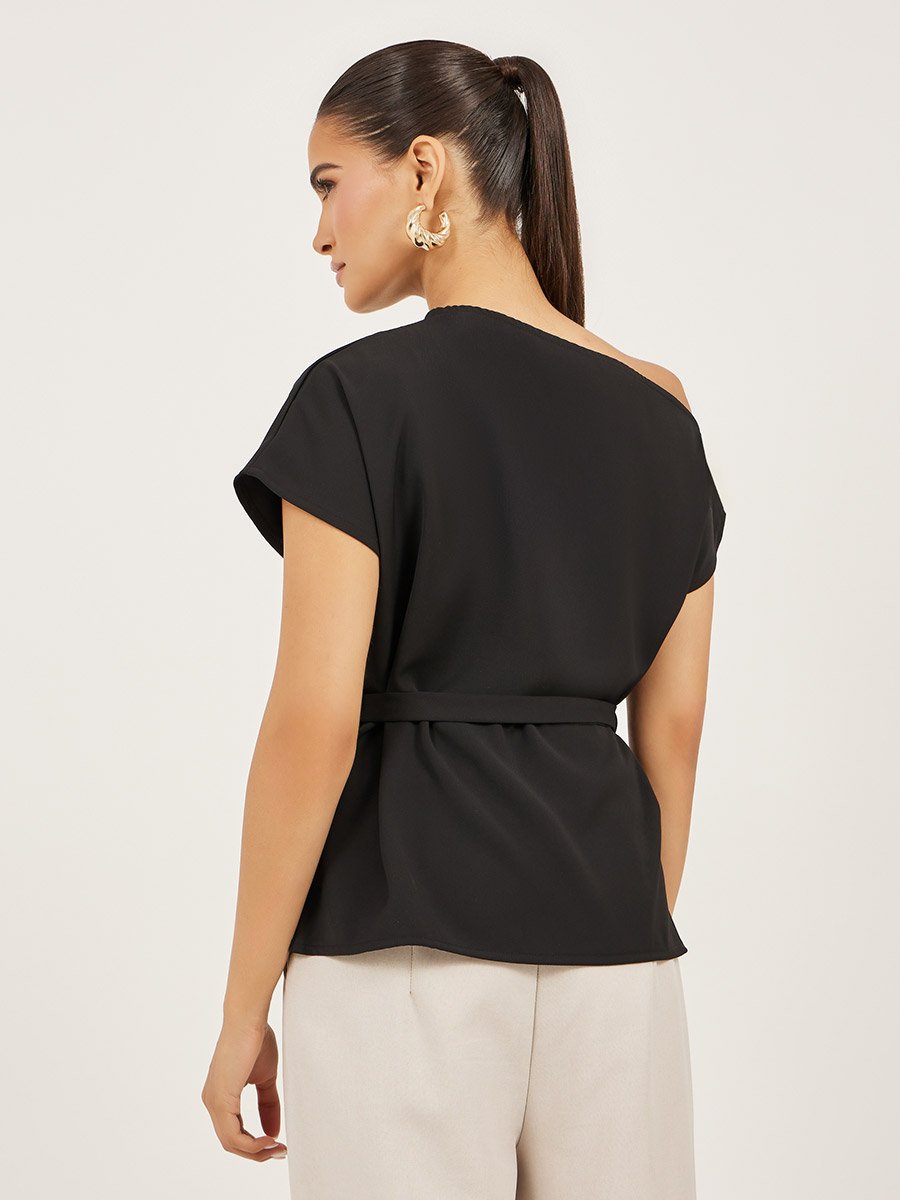 Asymmetric Neck Short Sleeves Belted Top