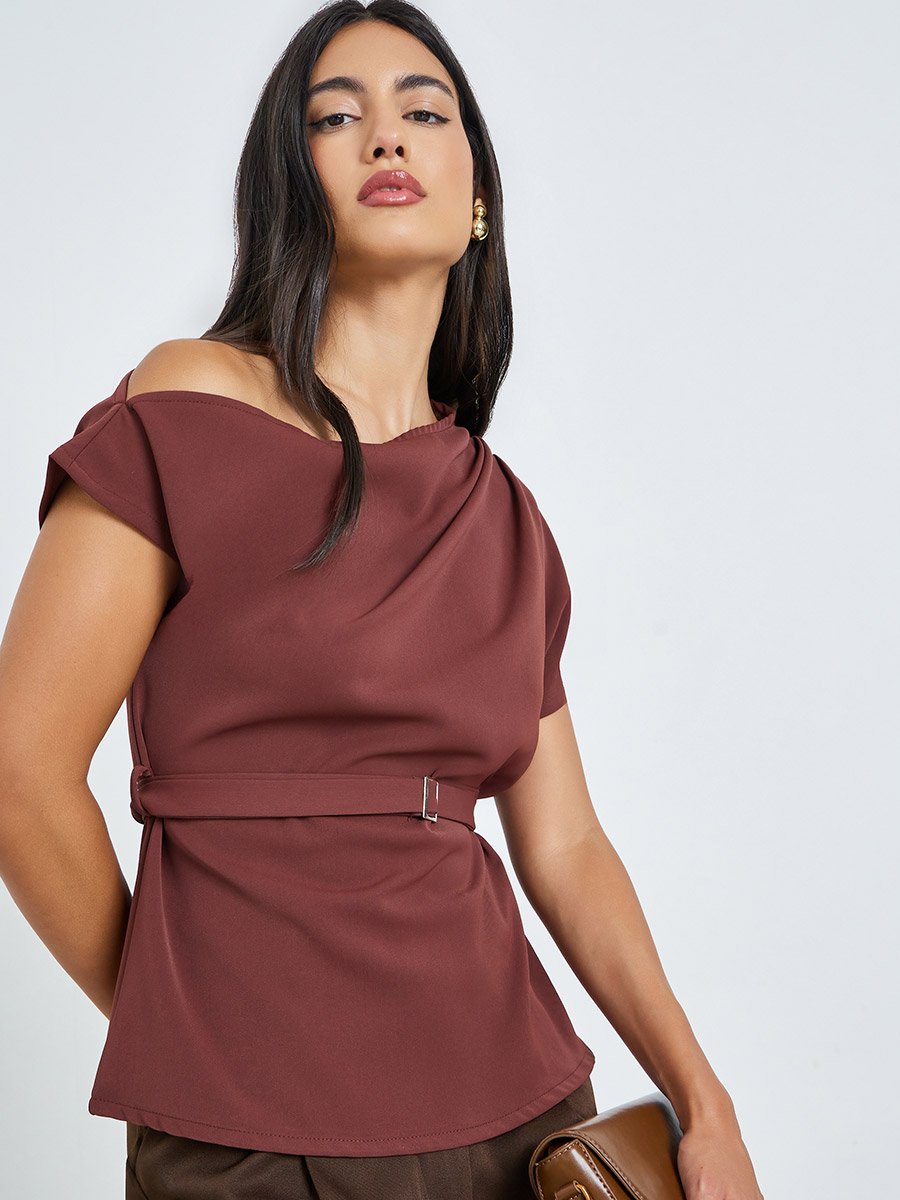 Brown One-Shoulder Blouse with Belt Detail