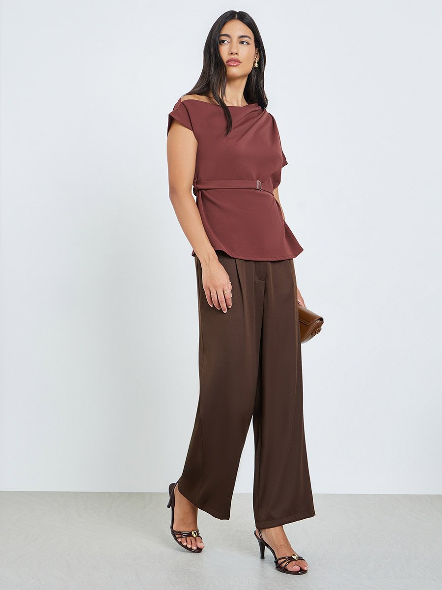 Brown One-Shoulder Blouse with Belt Detail