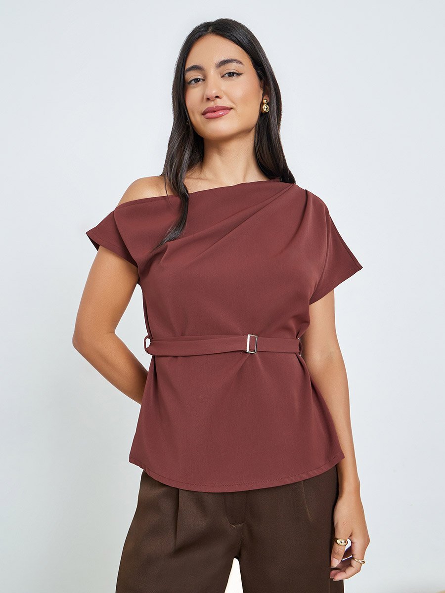 Brown One-Shoulder Blouse with Belt Detail