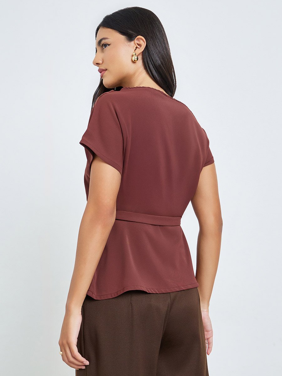 Brown One-Shoulder Blouse with Belt Detail