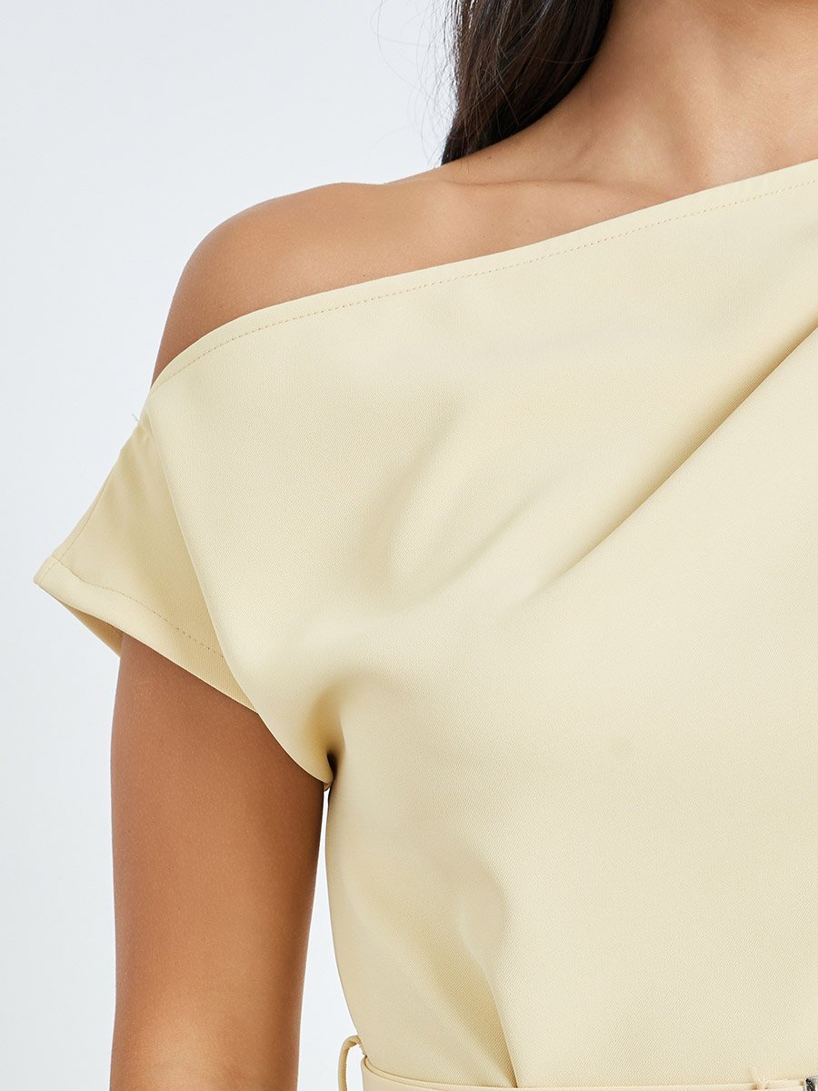 Yellow One-Shoulder Blouse with Belt Detail