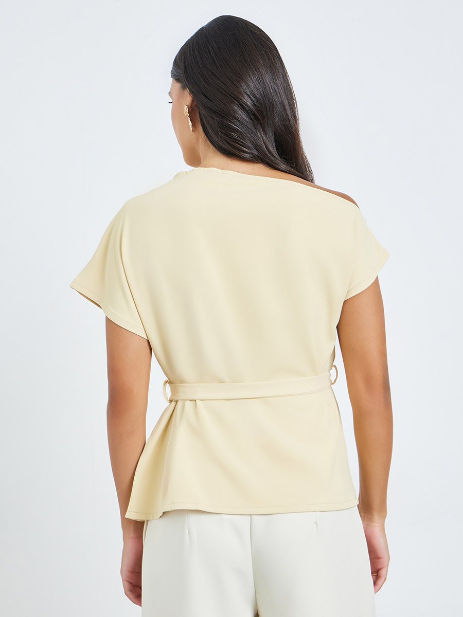 Yellow One-Shoulder Blouse with Belt Detail