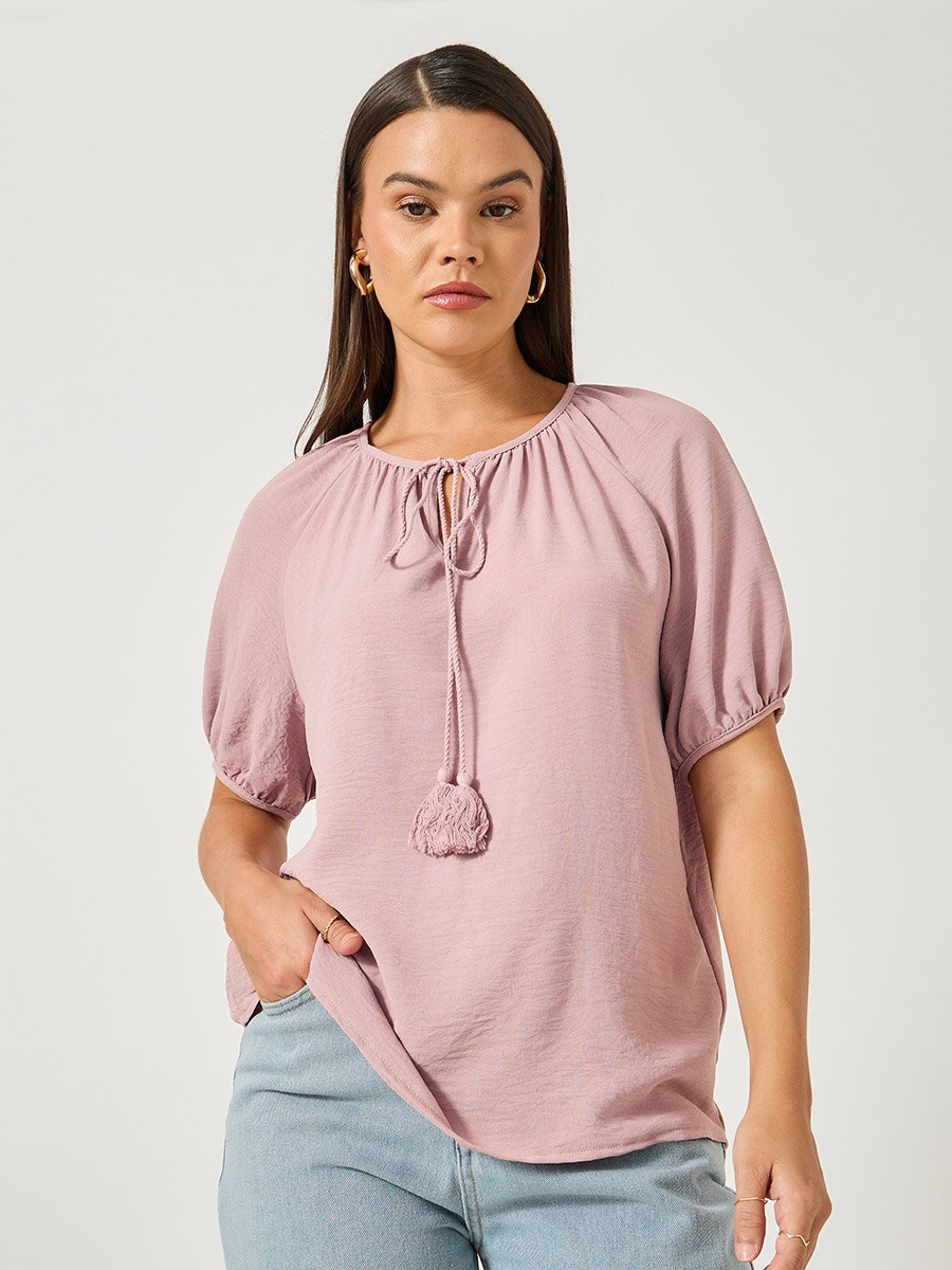 Puff Sleeve Tie-Up Neck Blouse