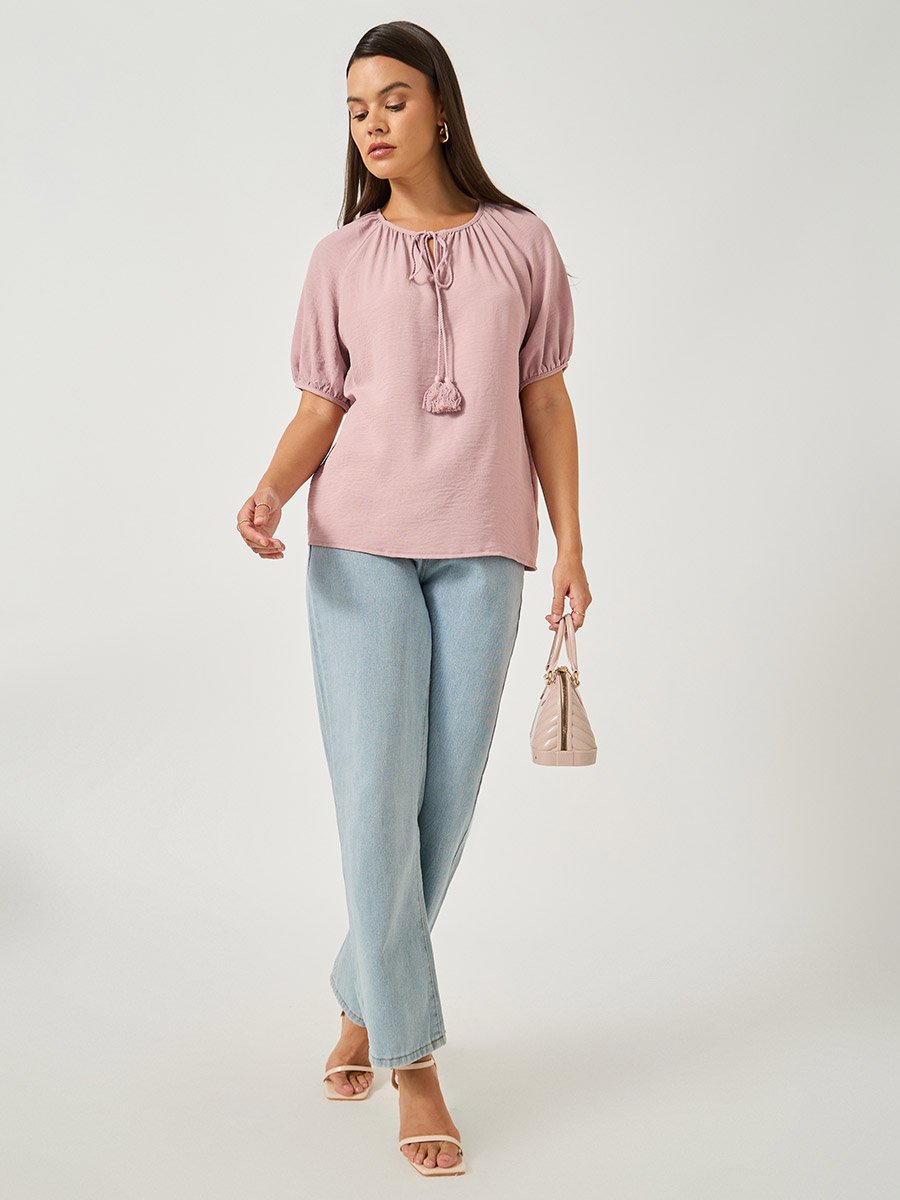 Puff Sleeve Tie-Up Neck Blouse