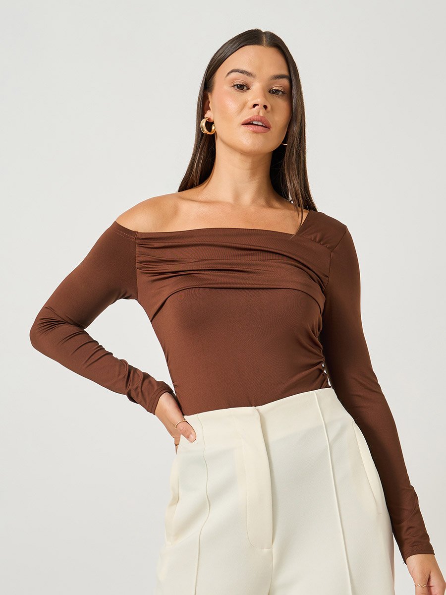 Asymmetric Neck Pleated Detail Bodysuit