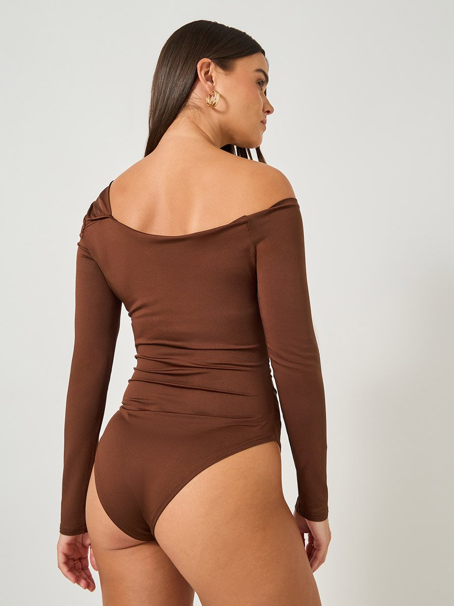Asymmetric Neck Pleated Detail Bodysuit