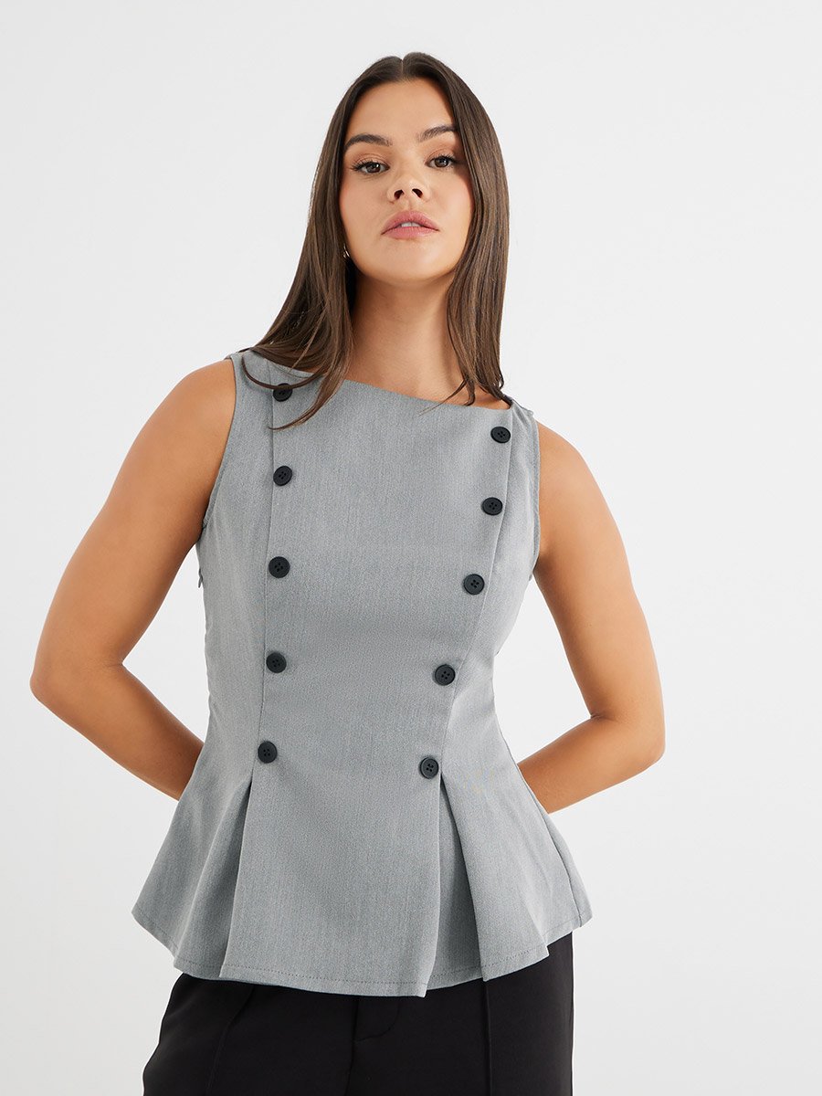 Grey Tailored Peplum Top with Button Detail For Women at UAE | Styli