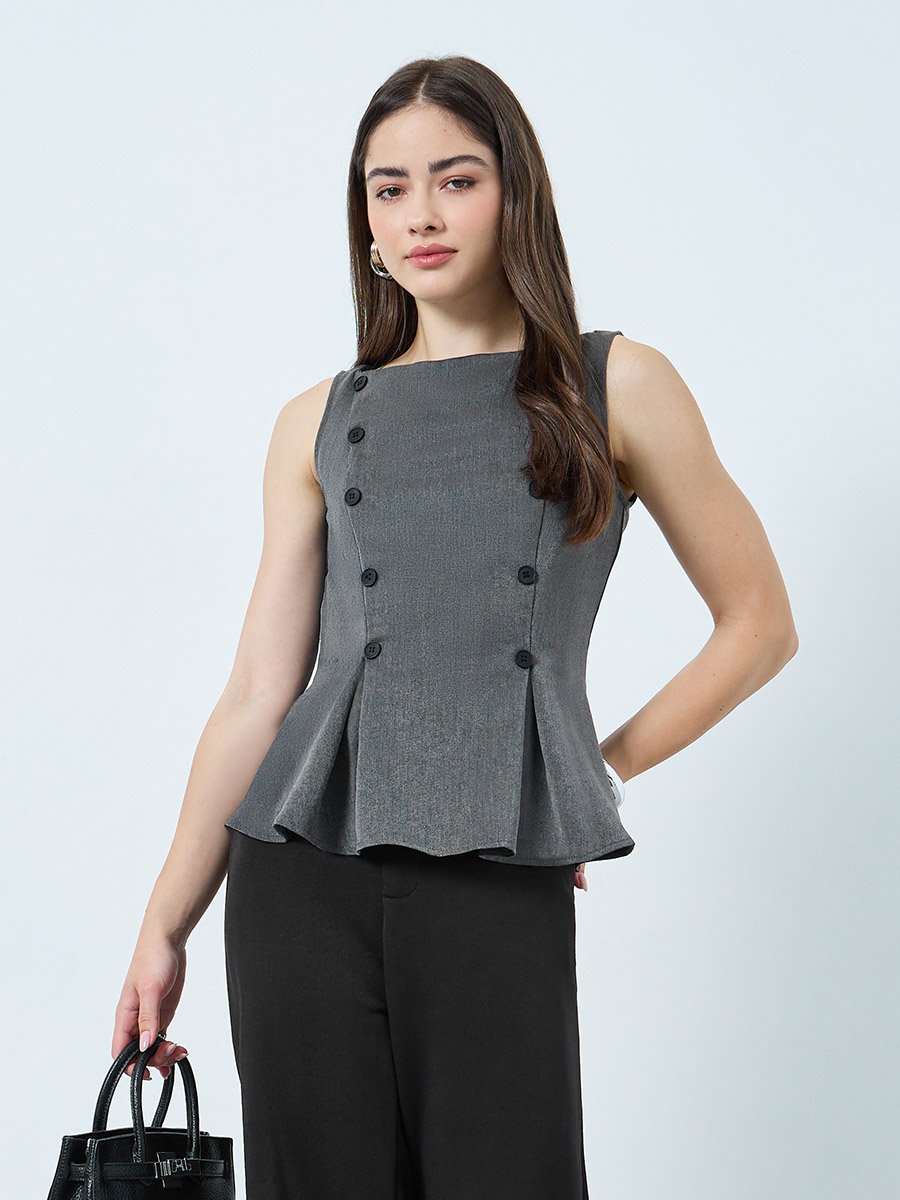 Dark Grey Tailored Peplum Top with Button Detail