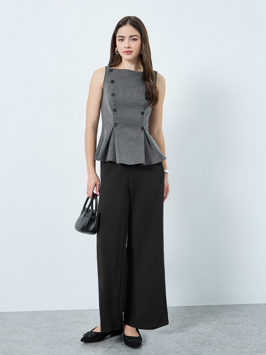 Dark Grey Tailored Peplum Top with Button Detail
