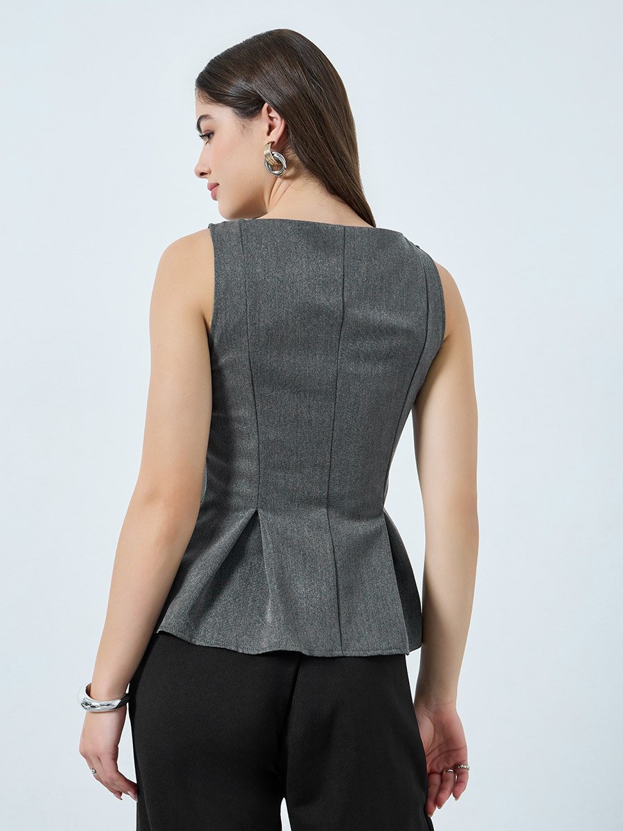 Dark Grey Tailored Peplum Top with Button Detail