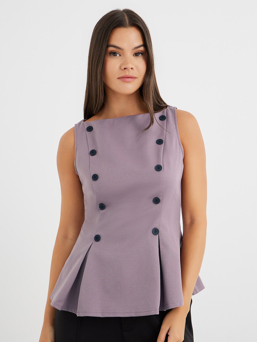 Lilac Tailored Peplum Top with Button Detail