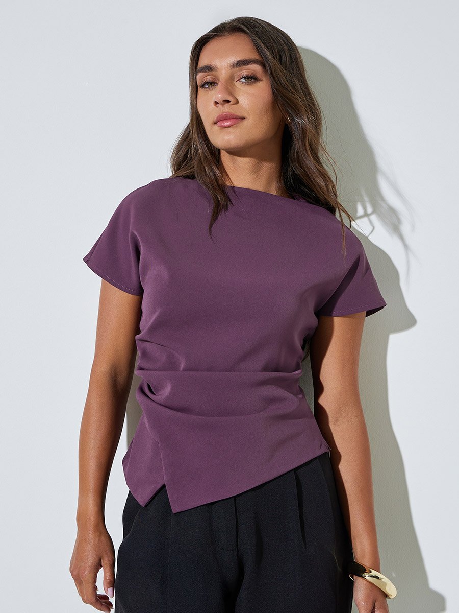 Purple Asymmetric Hem Solid Blouse