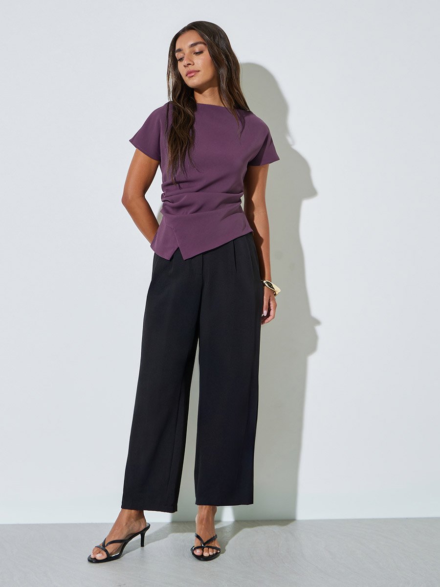 Purple Asymmetric Hem Solid Blouse