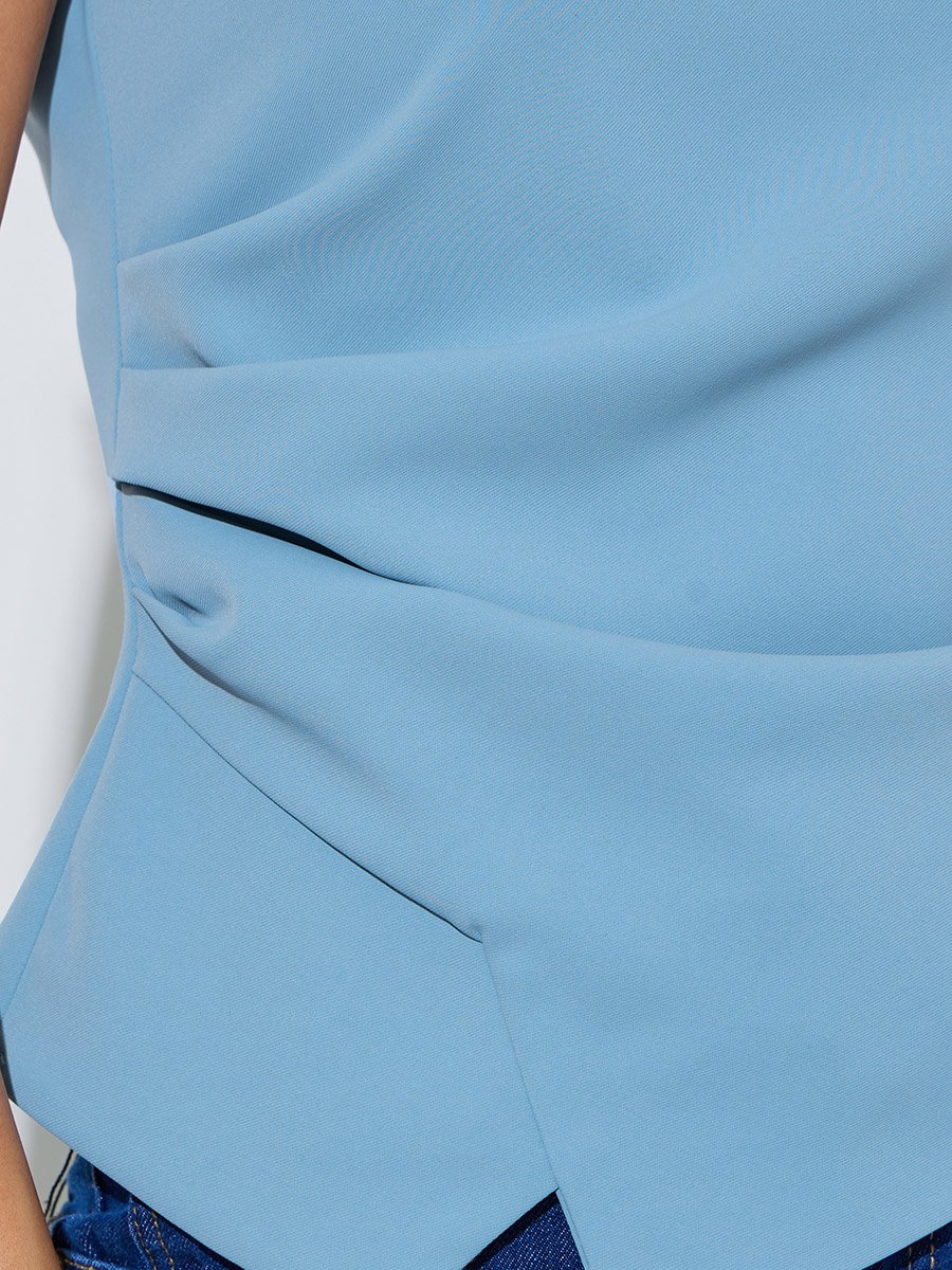 Blue Asymmetric Hem Solid Blouse