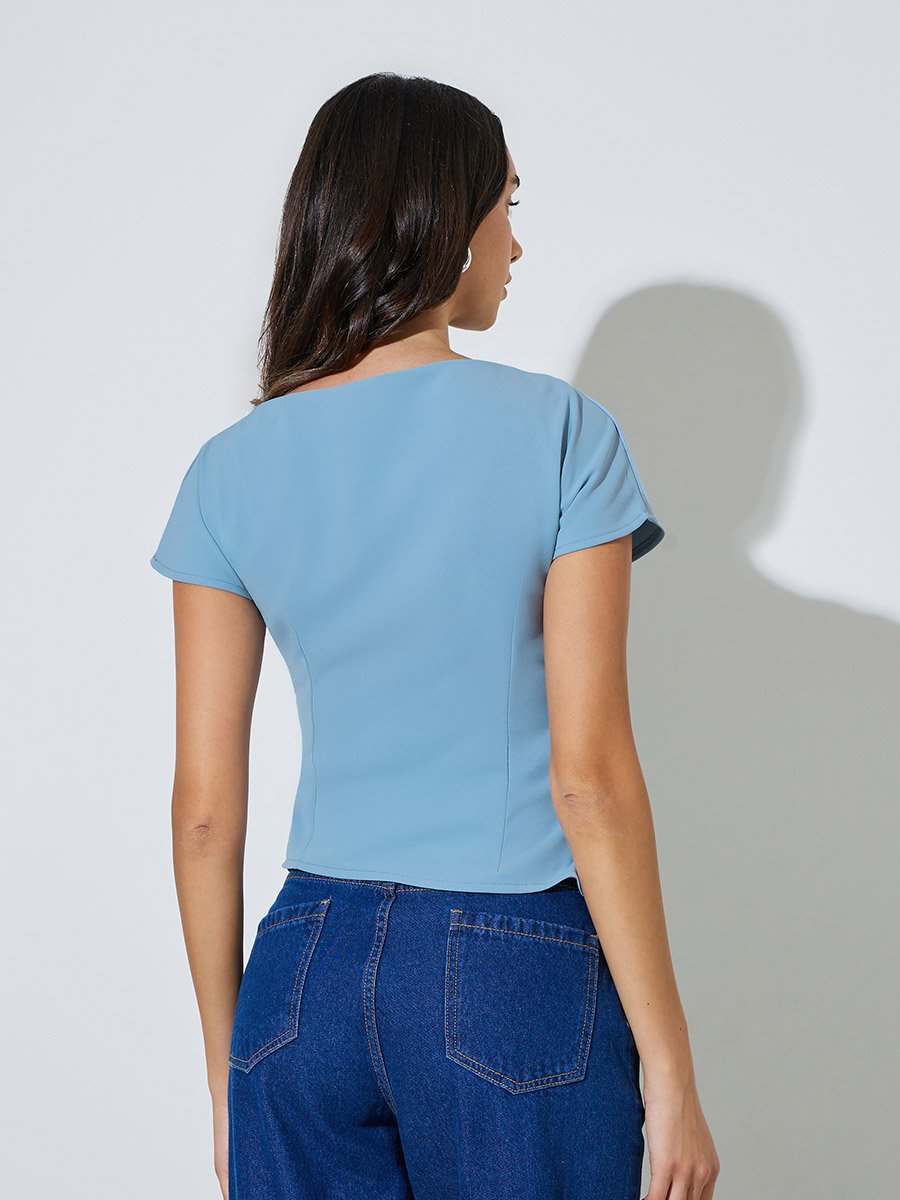 Blue Asymmetric Hem Solid Blouse