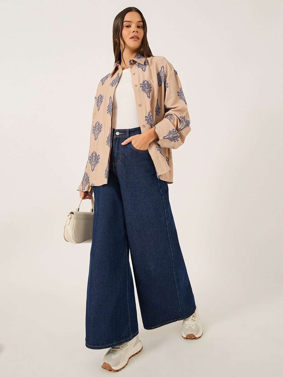 Embroidered Spread Collar Regular Fit Shirt