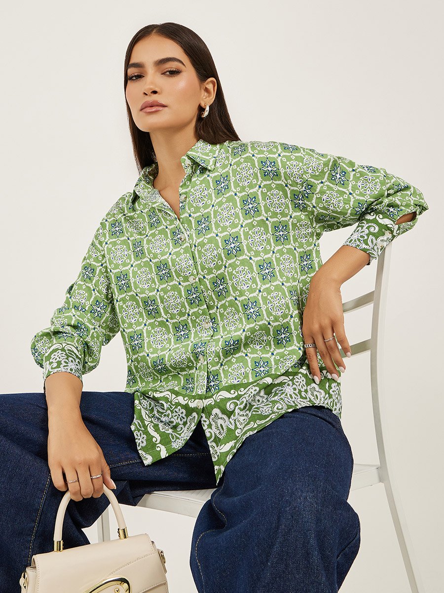 All-Over Print Spread Collar Oversized Shirt