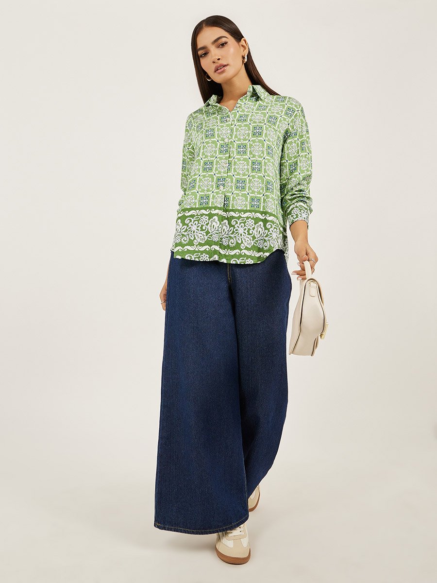 All-Over Print Spread Collar Oversized Shirt