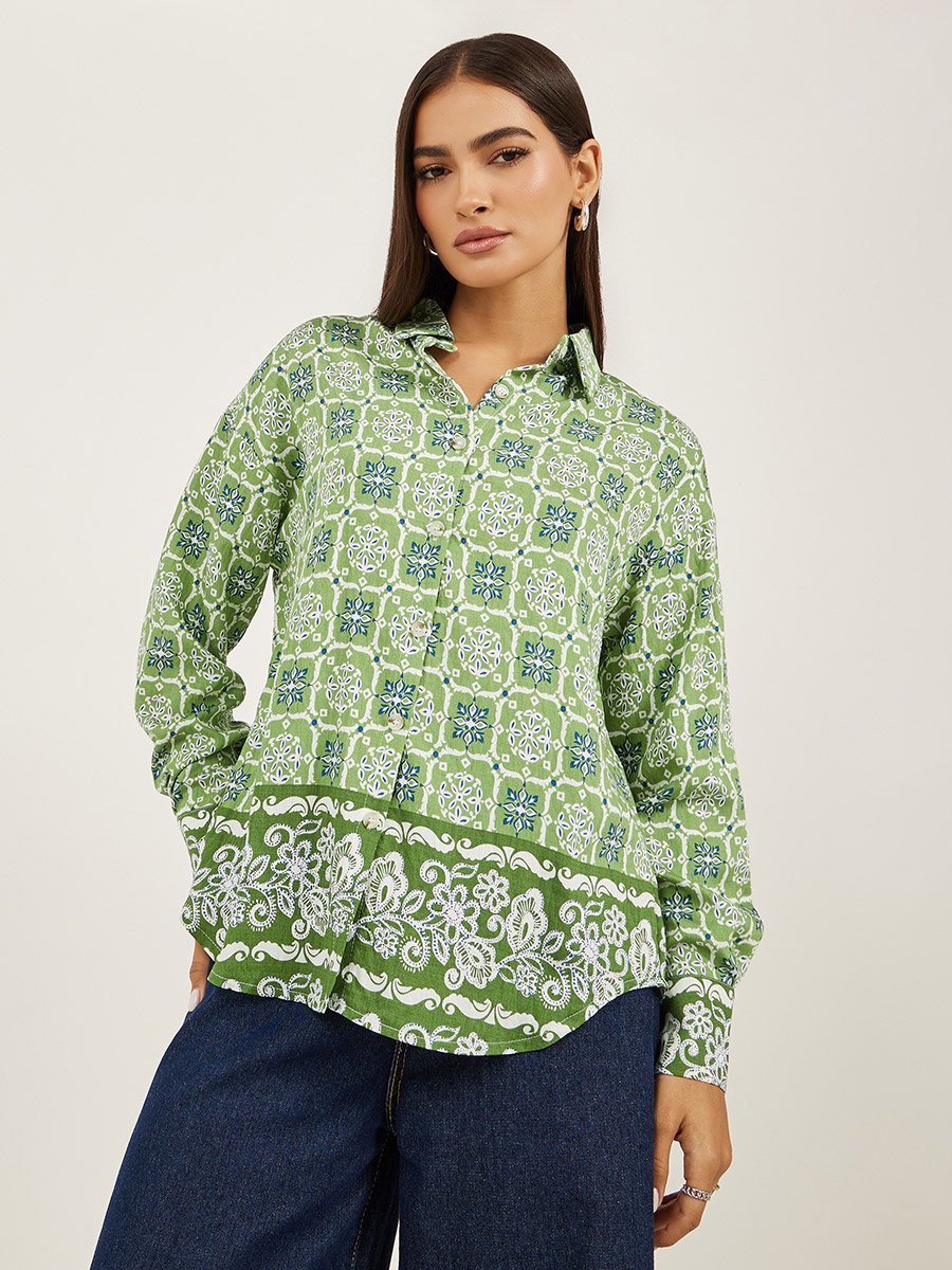 All-Over Print Spread Collar Oversized Shirt