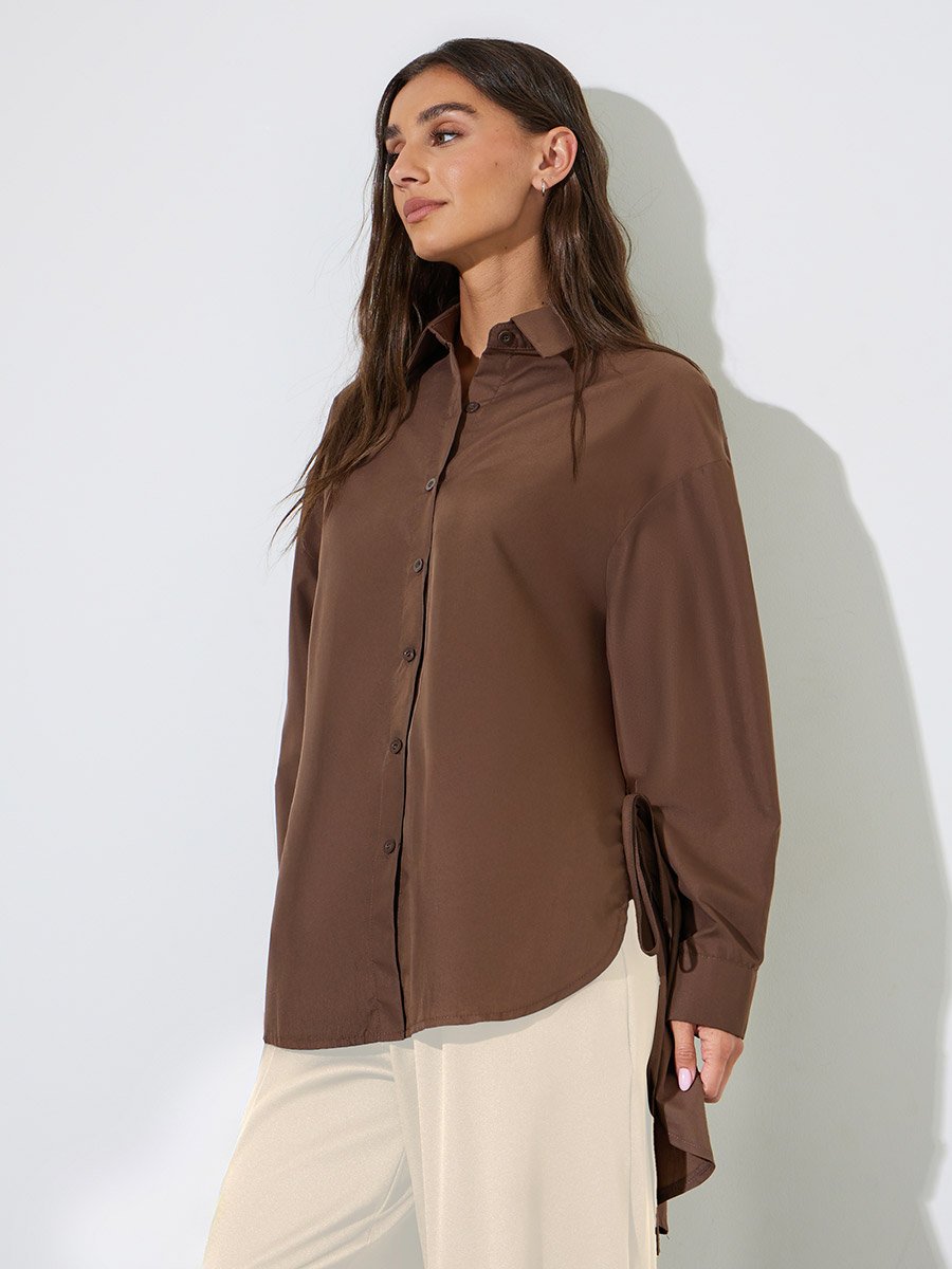 Oversized High-Low Hem Shirt with Tie Detail