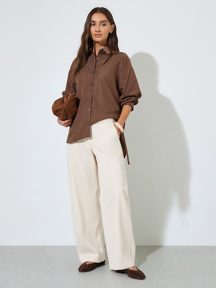 Oversized High-Low Hem Shirt with Tie Detail