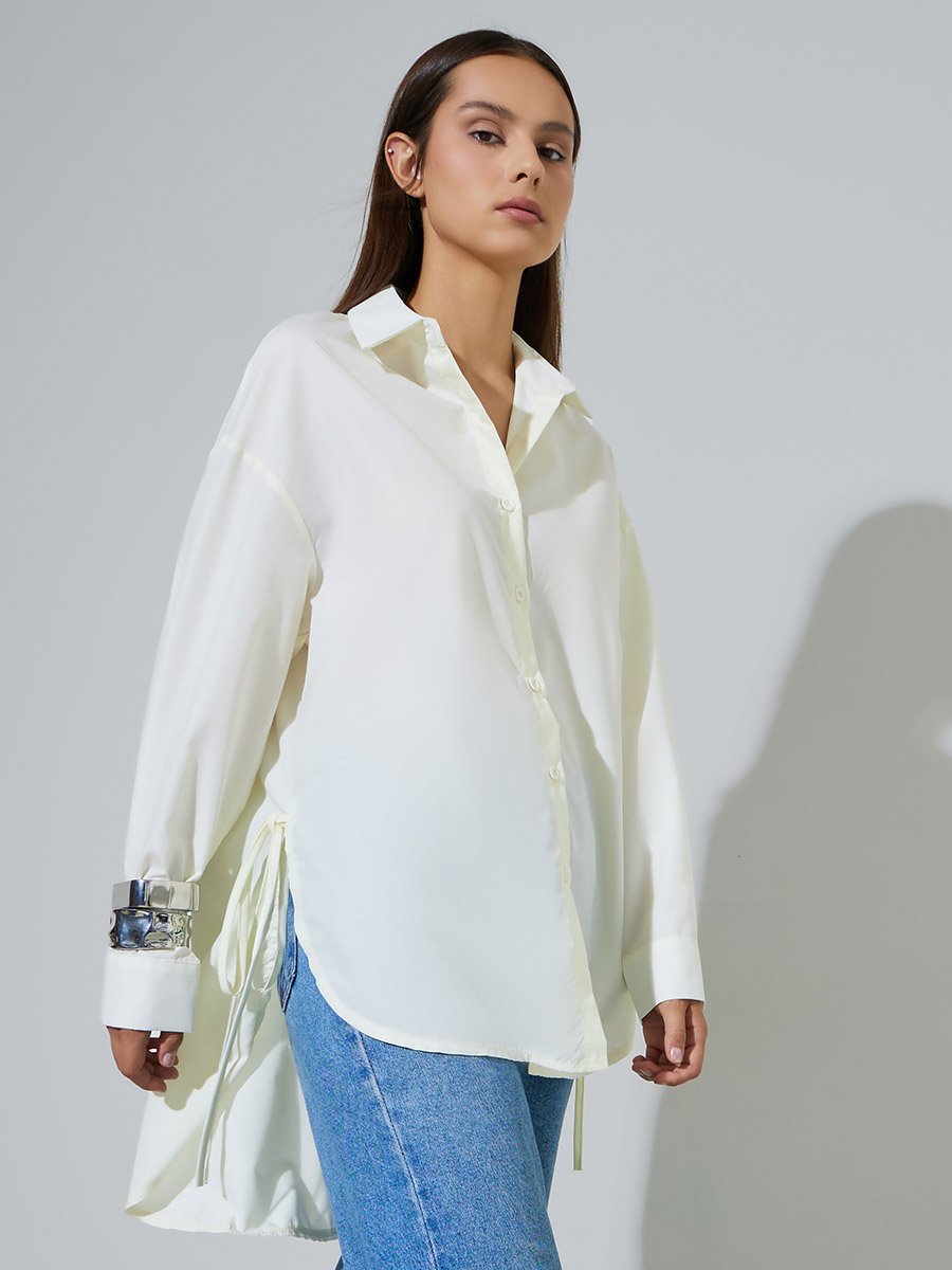 Oversized High-Low Hem Shirt with Tie Detail