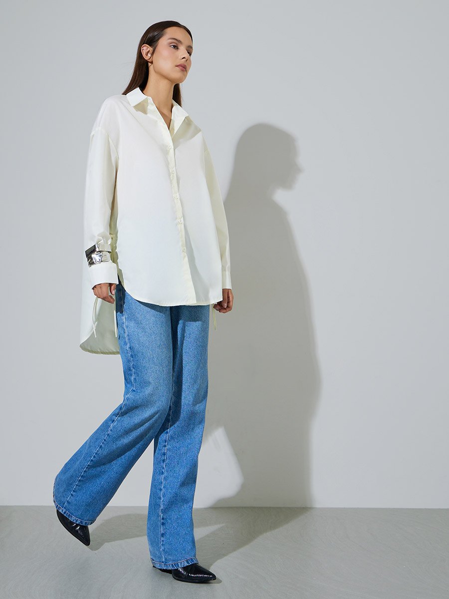 Oversized High-Low Hem Shirt with Tie Detail