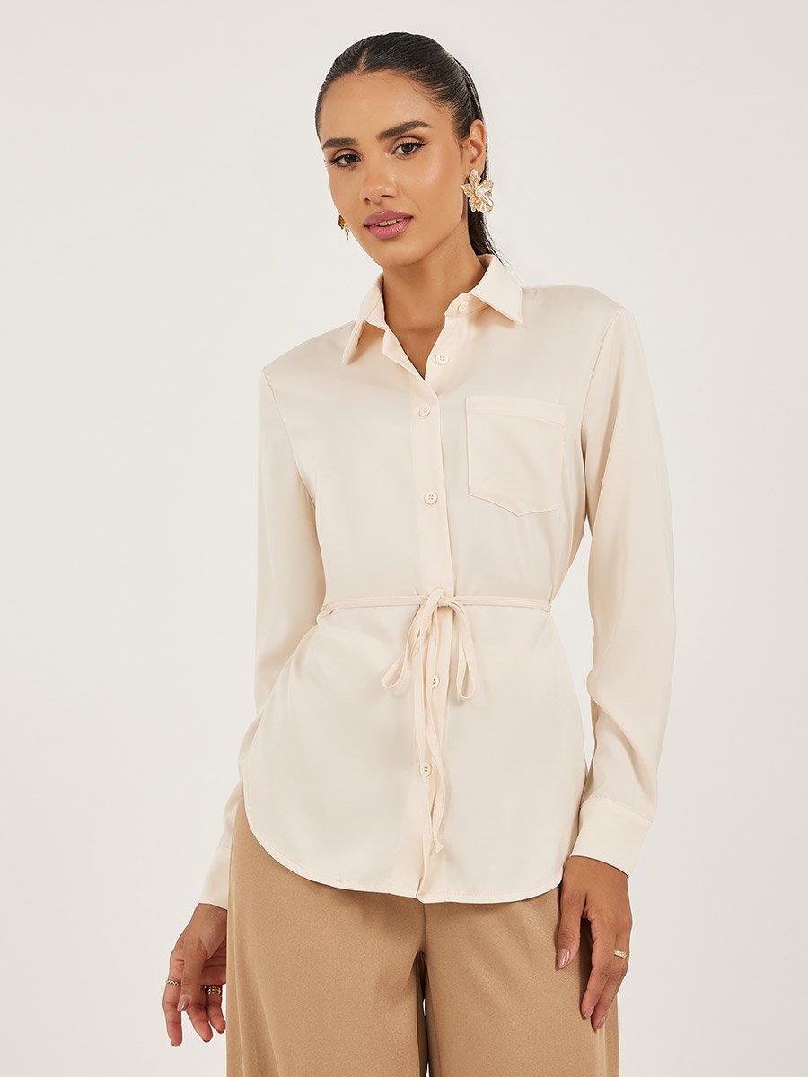 Solid Regular Fit Spread Collar Shirt with Belt Detail