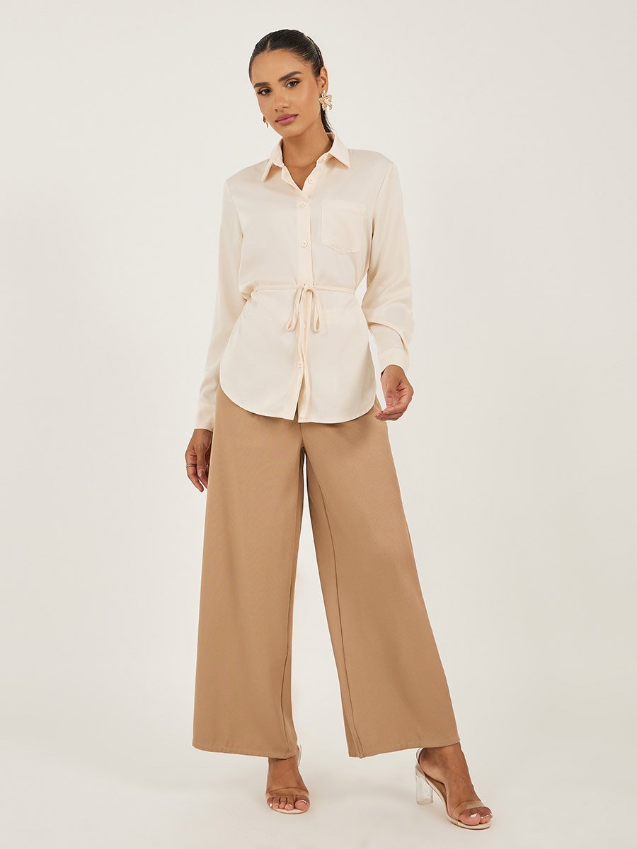 Solid Regular Fit Spread Collar Shirt with Belt Detail