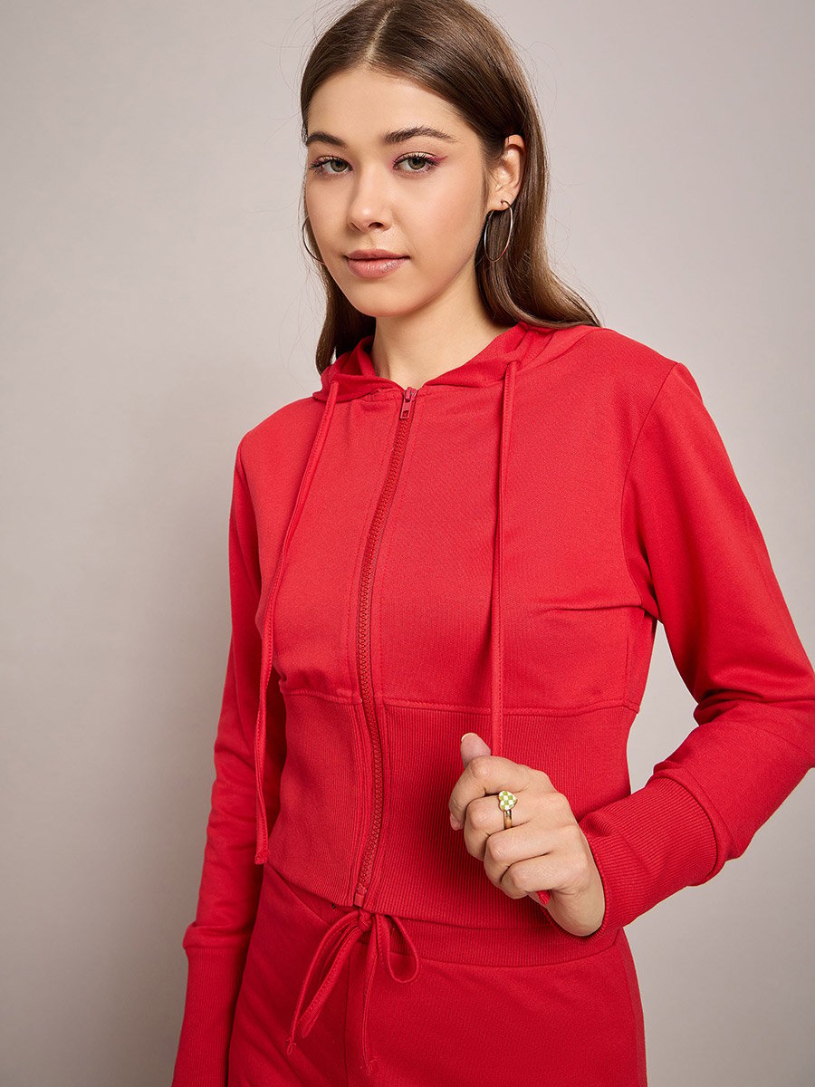 Terry Front Zipper Crop Hooded Jacket