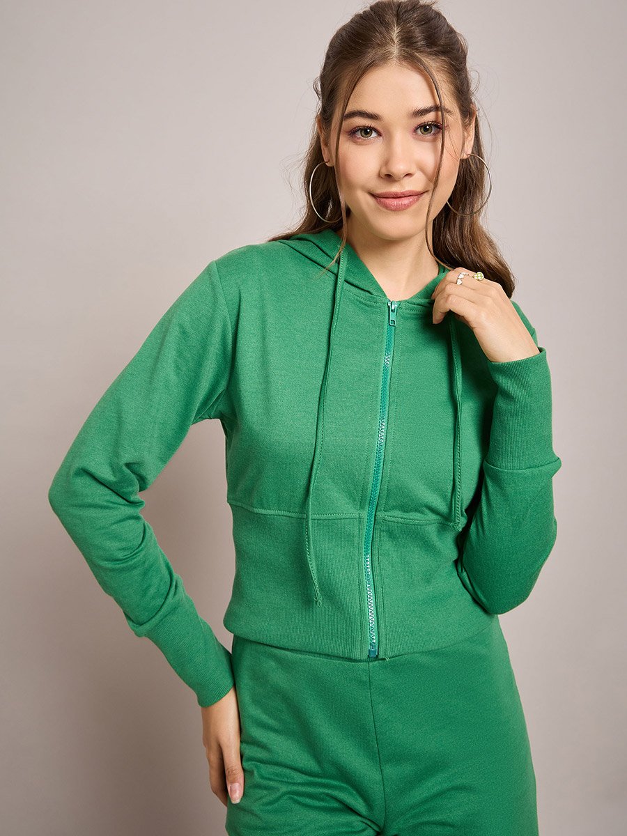 Terry Front Zipper Crop Hooded Jacket