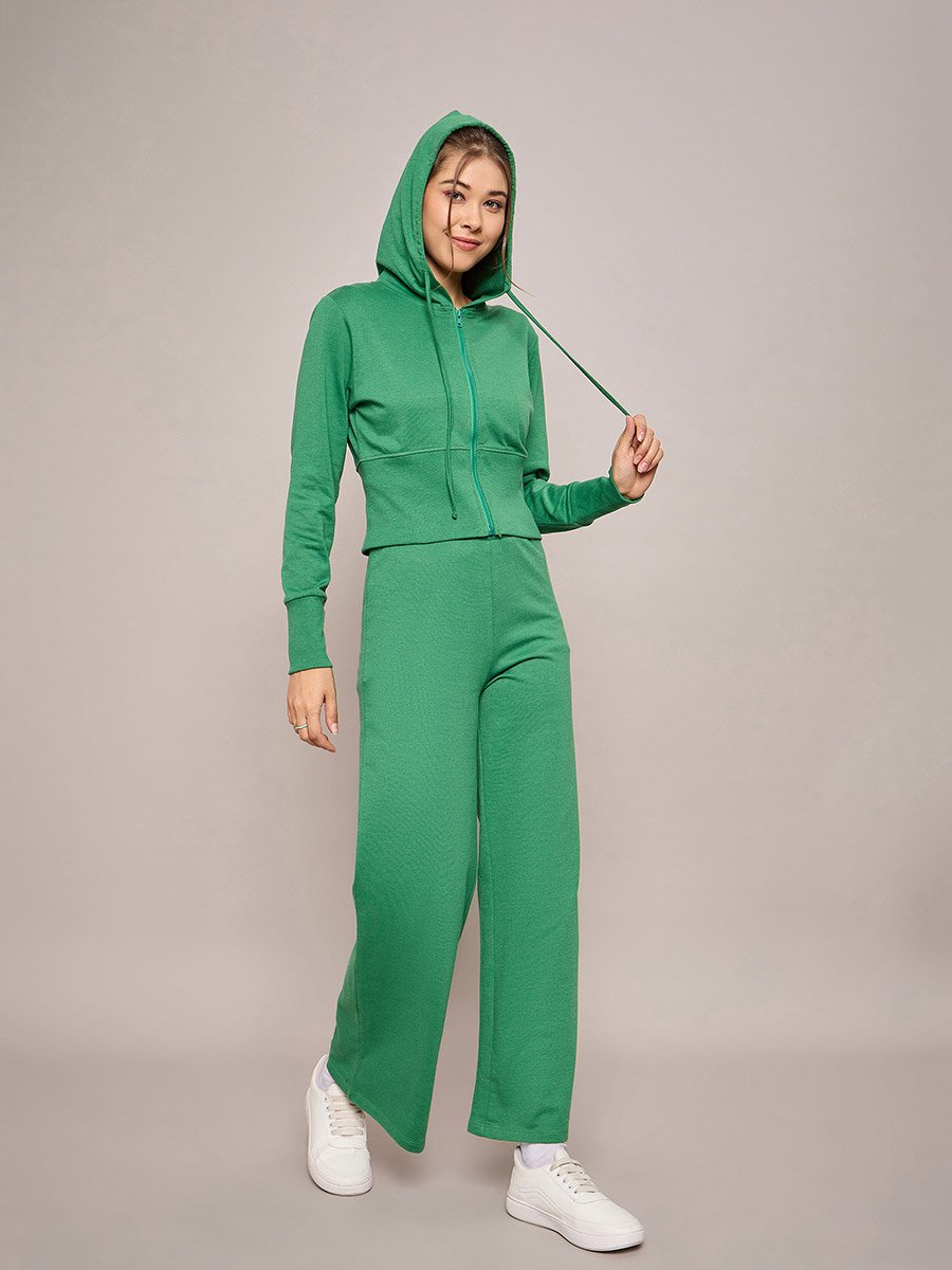 Terry Front Zipper Crop Hooded Jacket