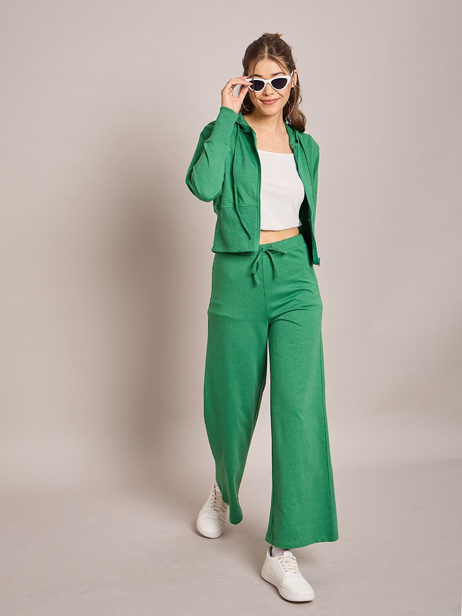 Terry Front Zipper Crop Hooded Jacket