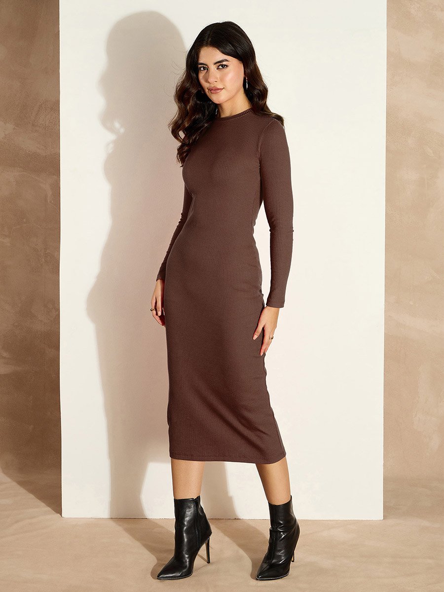 Ribbed Long Sleeves Bodycon Midi Dress