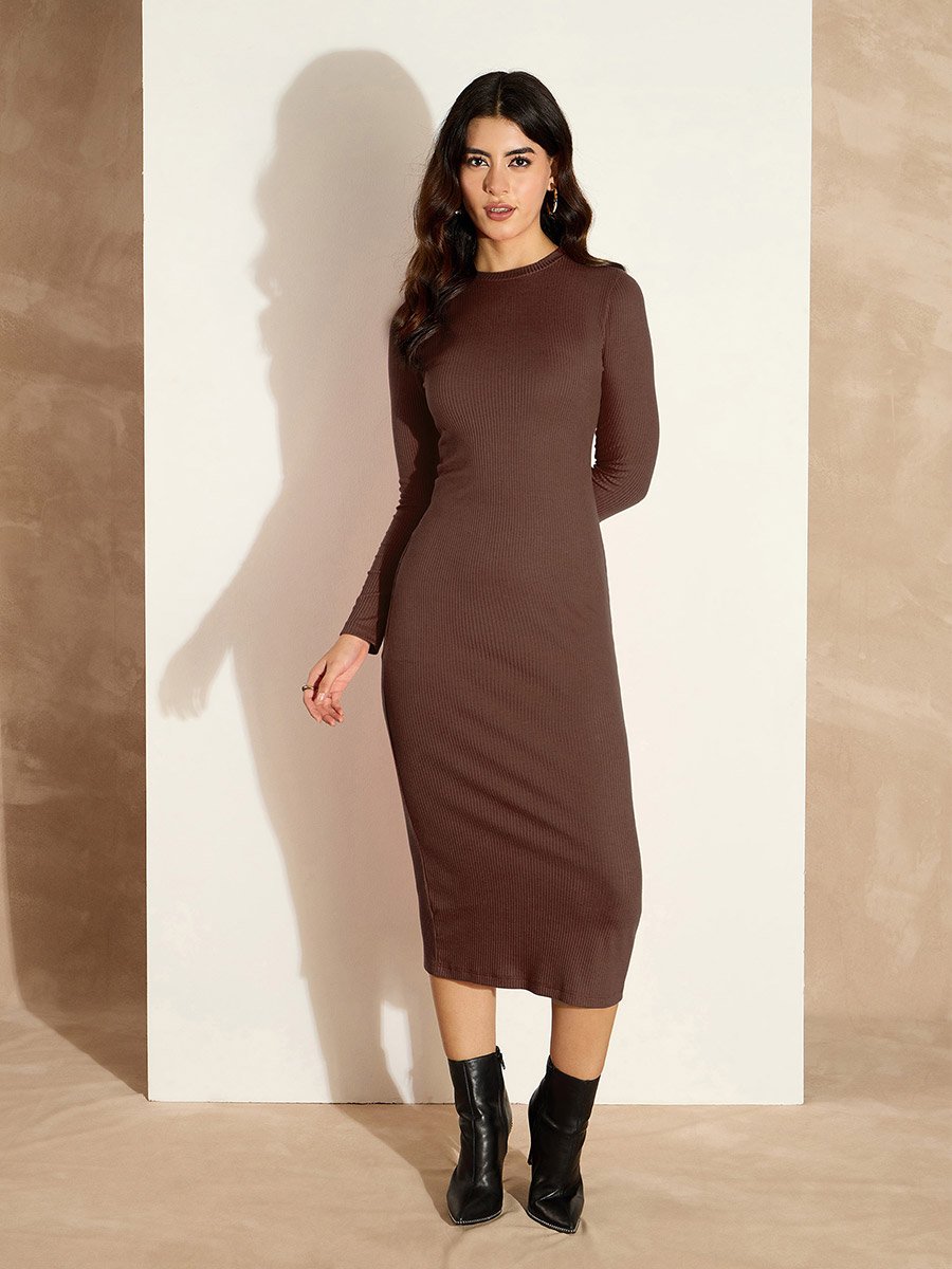Ribbed Long Sleeves Bodycon Midi Dress