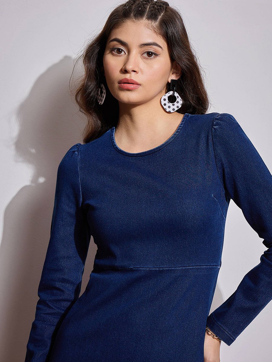 Solid Denim Flared Hem A-Line Mini Dress