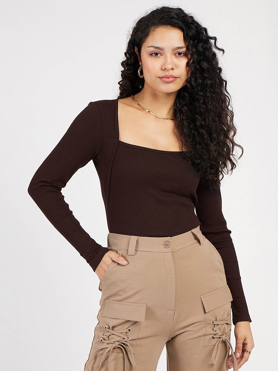 Ribbed Square Neck Long Sleeve Top