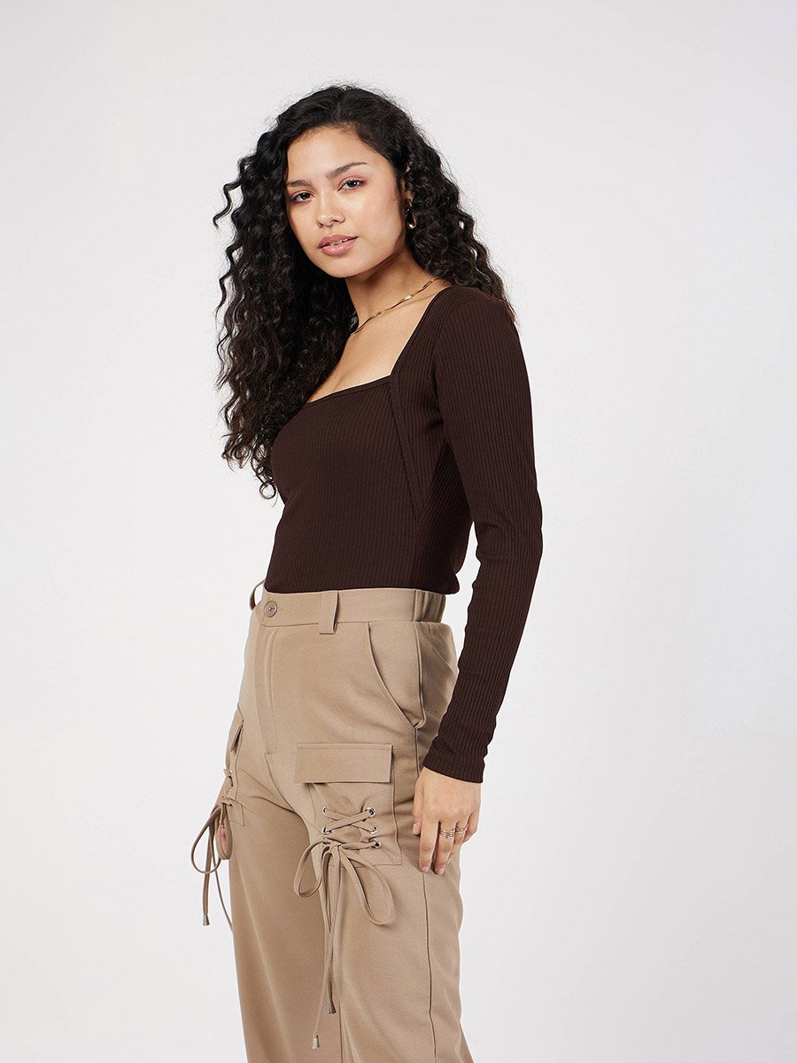 Ribbed Square Neck Long Sleeve Top