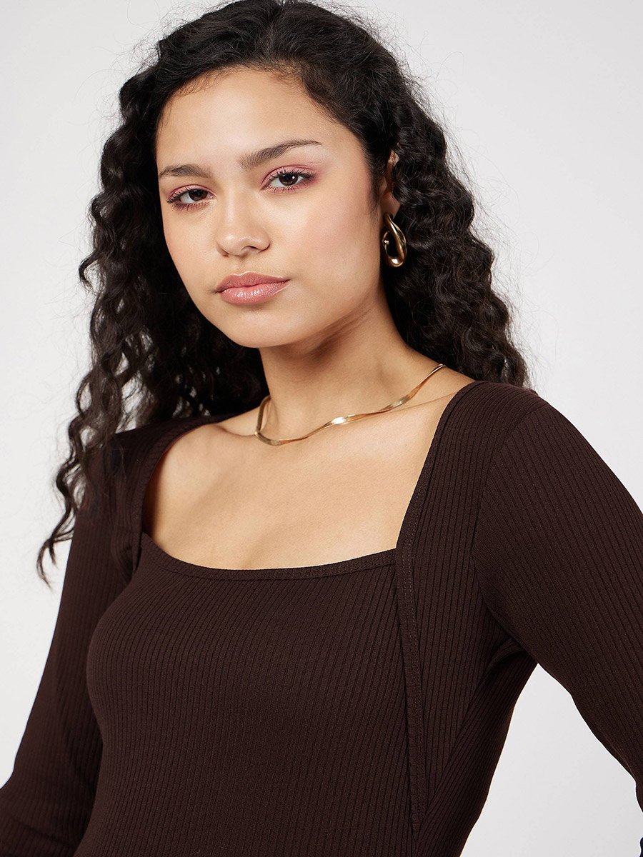 Ribbed Square Neck Long Sleeve Top