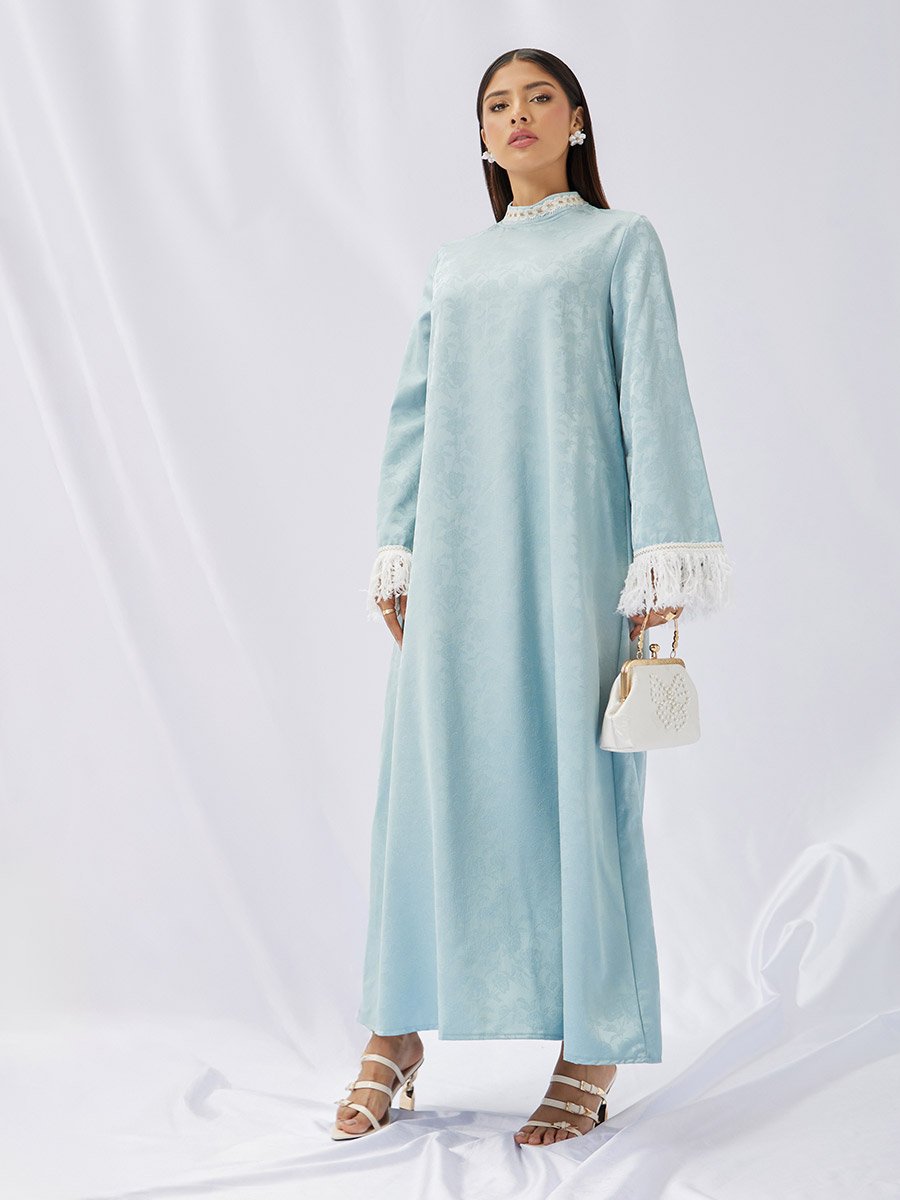 Jacquard Stand Collared Jalabiya with Tassel Trim