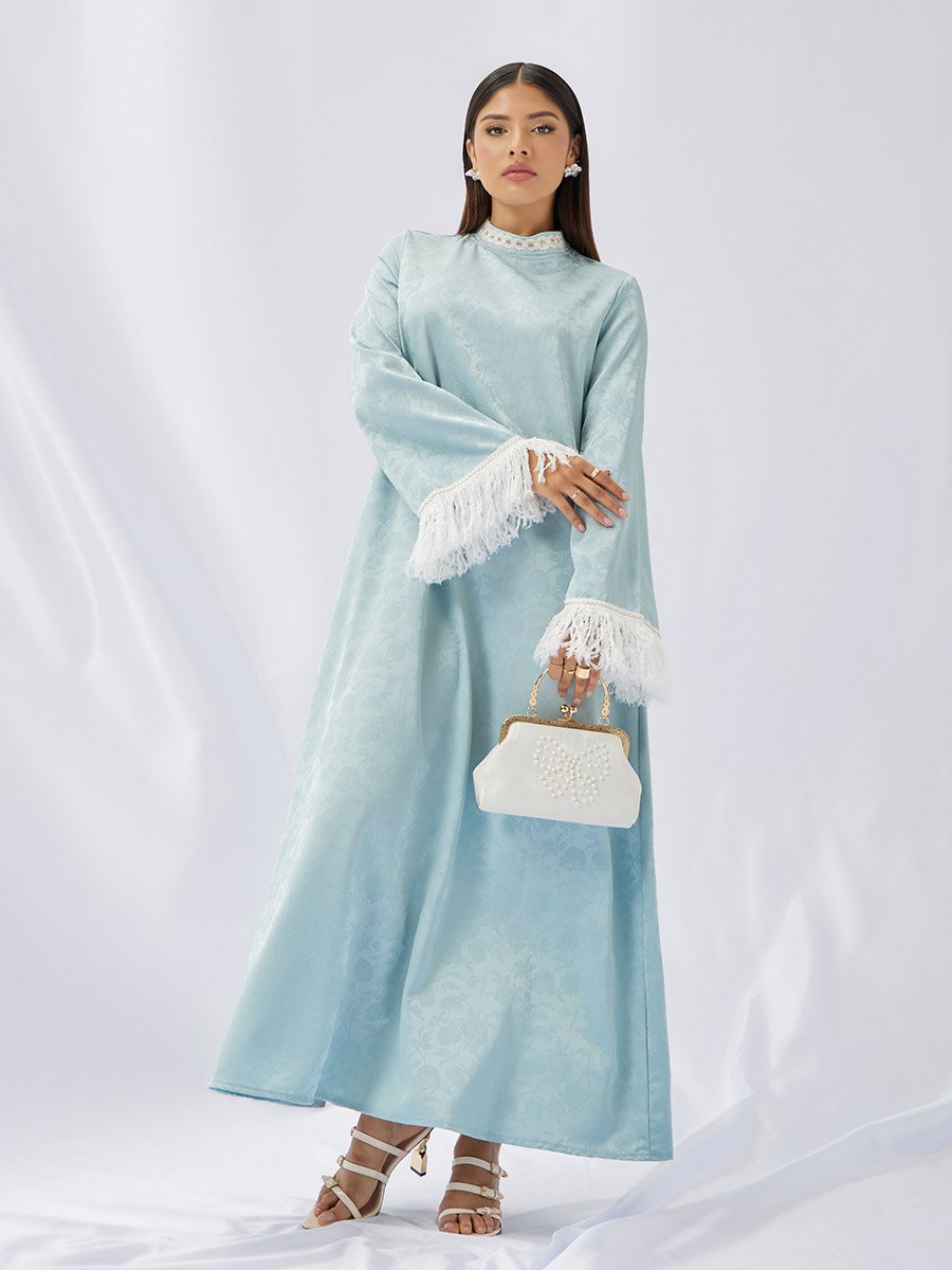 Jacquard Stand Collared Jalabiya with Tassel Trim