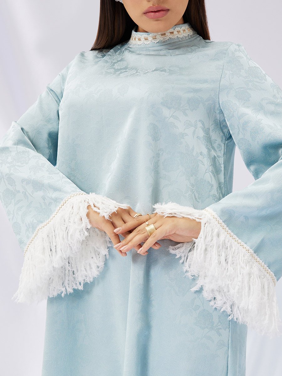 Jacquard Stand Collared Jalabiya with Tassel Trim