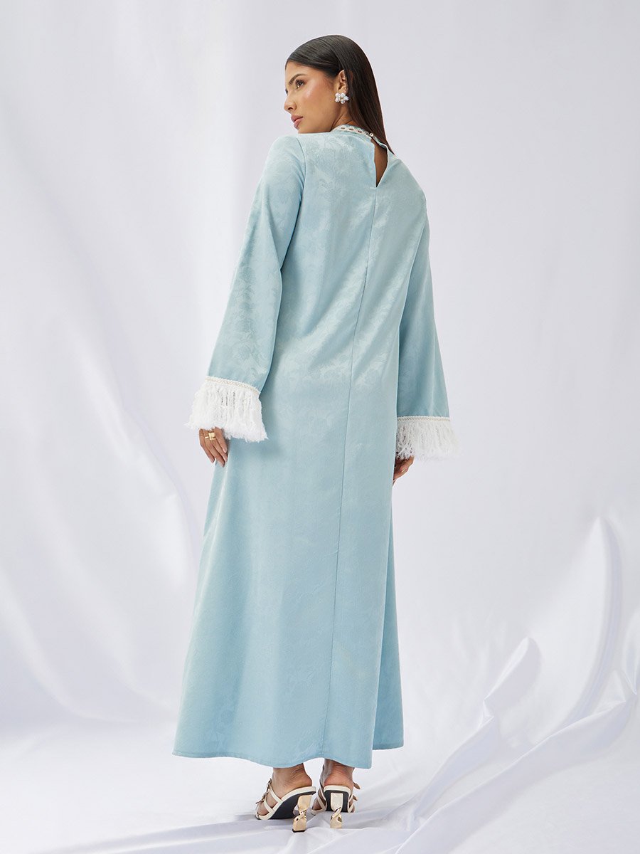 Jacquard Stand Collared Jalabiya with Tassel Trim