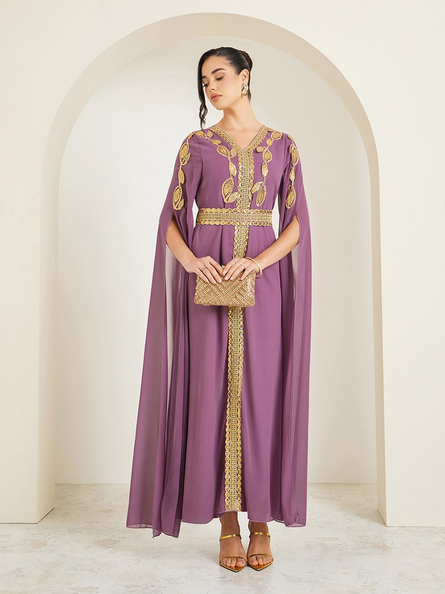 Women Purple Embroidered Belted Kaftan For Women at UAE | Styli