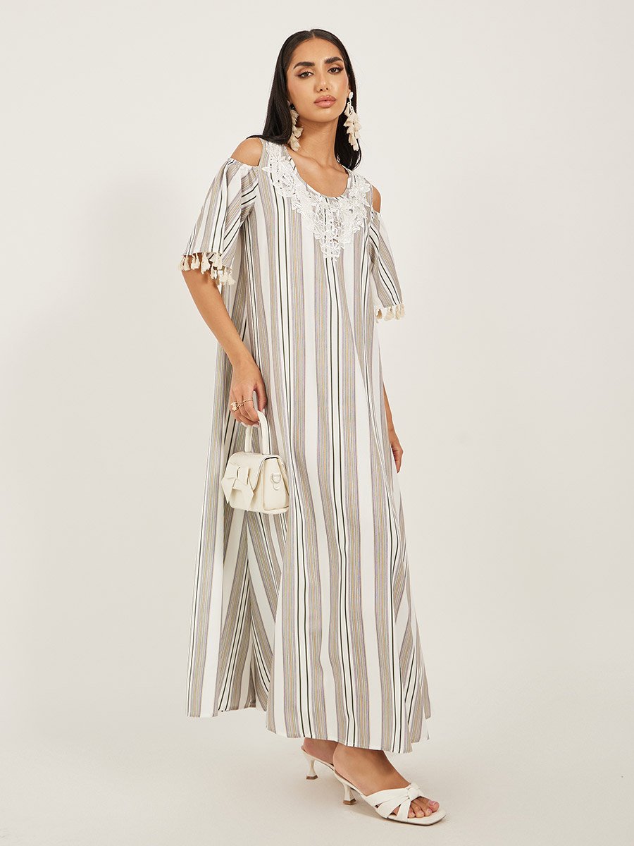 Striped Cold Shoulder Sleeves A-Line Maxi Dress