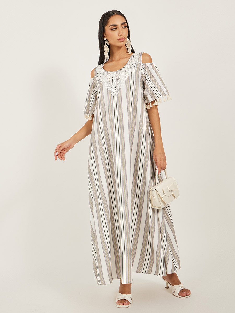 Striped Cold Shoulder Sleeves A-Line Maxi Dress