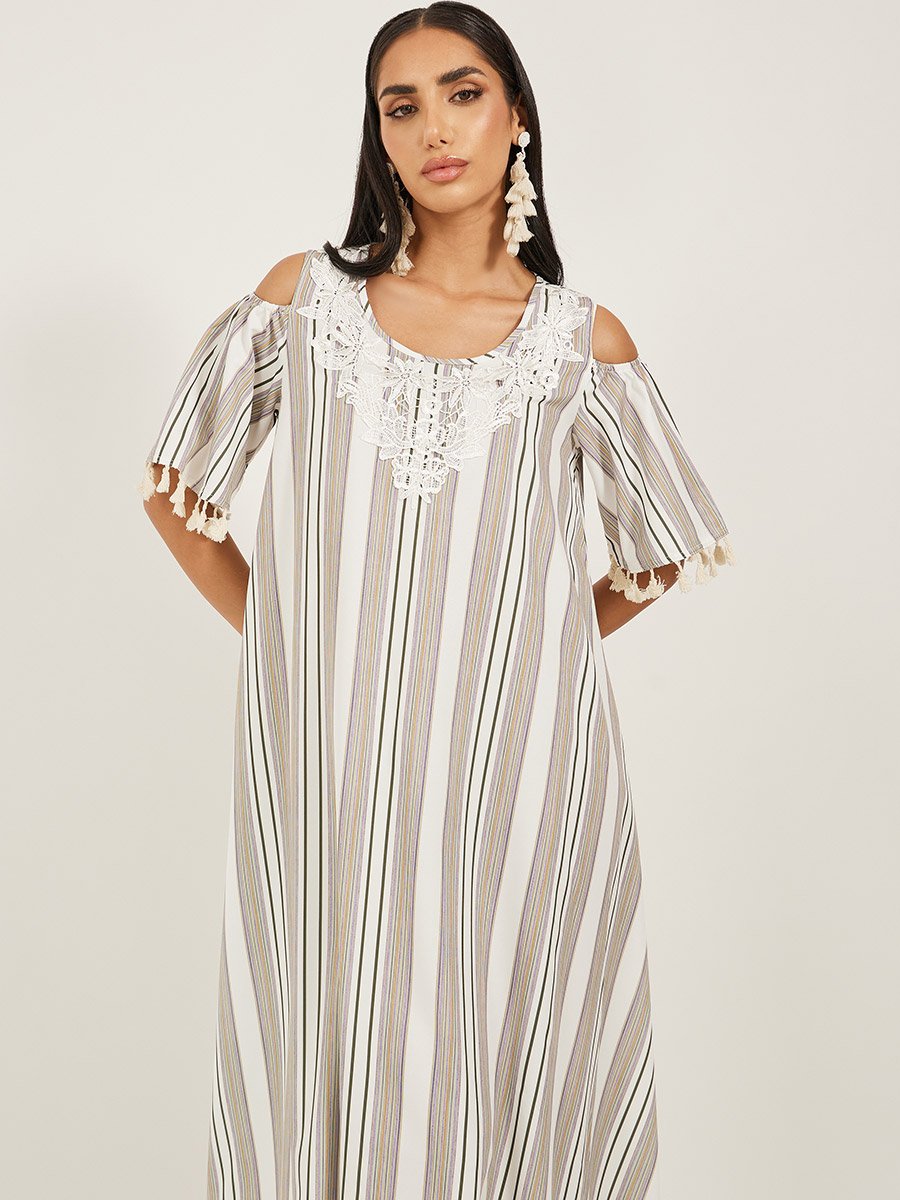 Striped Cold Shoulder Sleeves A-Line Maxi Dress